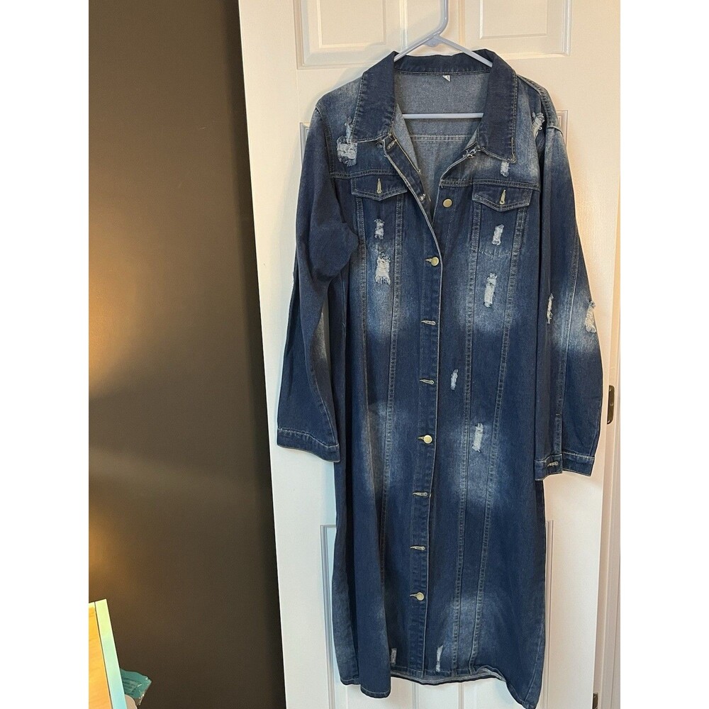 Women’s XXL Distressed Denim Duster Jacket Long Maxi Jean Coat Button Front